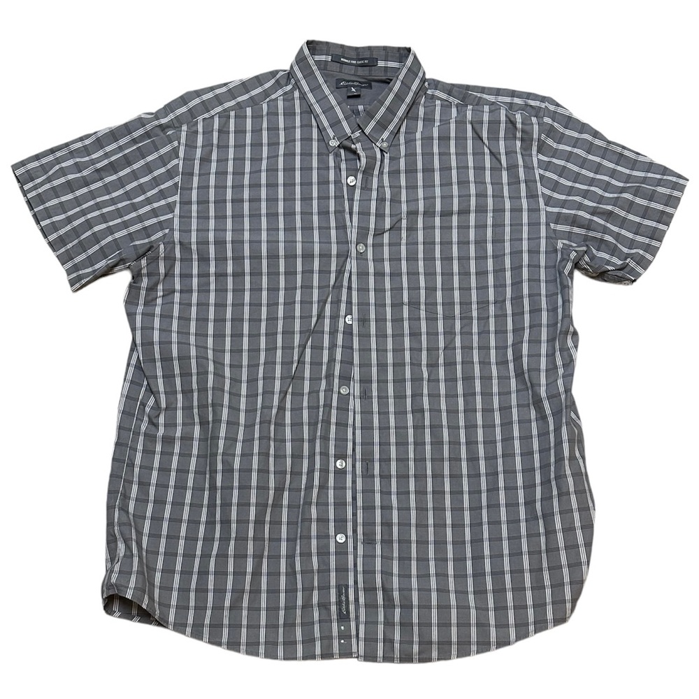 (SOLD) Eddie Bauer Men’s Gray Wrinkle Free Plaid Striped Button Down Shirt XL